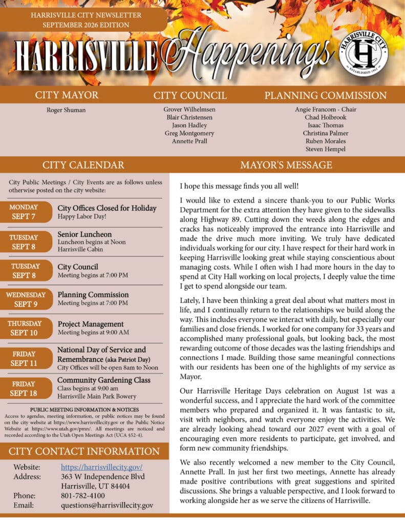 Harrisville Releases September 2026 Edition of Happenings Newsletter